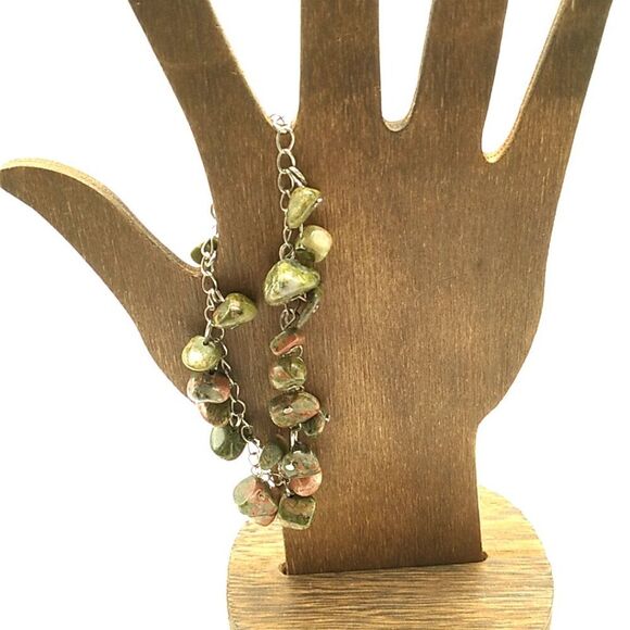 Artisan Unakite Jasper Bracelet Green Pink Stone Beads Silver Chain Toggle Clasp - Picture 4 of 13